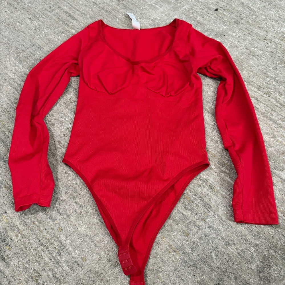 Red Long Sleeve Bustier Bodysuit
